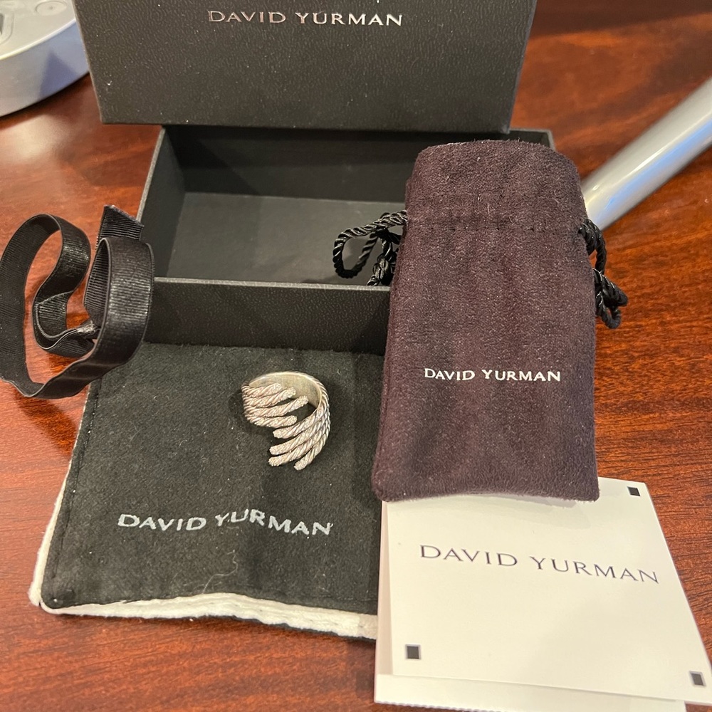 Authentic David Yurman Silver Willow Ring Open Four-Row with Diamonds, SZ 7